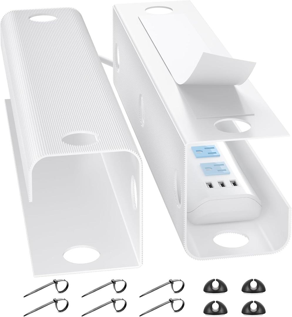 YECAYE Large Under Desk Cable Management,Easy Install Cable Management Under Desk with 2 Cord Holders s,Child & Pet-Safe Cord Hider,Wire Organizer,Wire Cover Tray,White