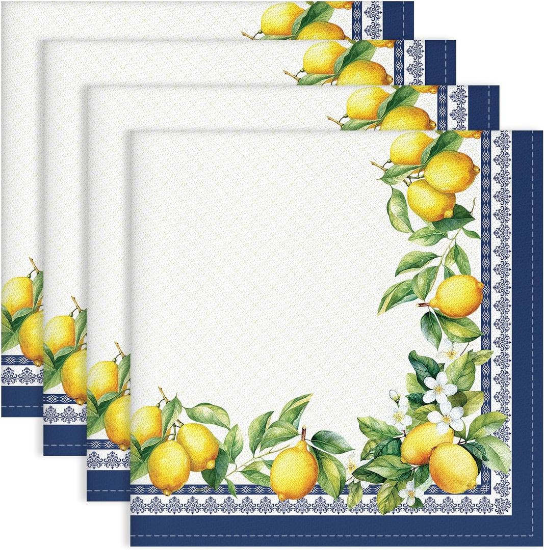 Lemon Green Leaf Print Cloth Napkins 100% Cotton, 18" X 18" Dinner Napkins Cloth Set, Washable Napkins for Home, Kitchen, Dinner, Party, Wedding, Cocktail, Set of 4