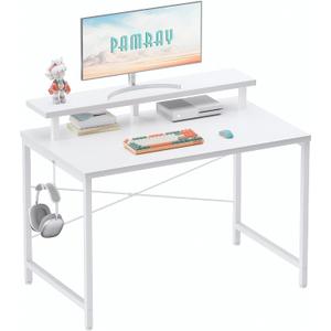 Pamray 32 Inch Small Computer Desk with Monitor Stand, Simple Office Desk with Headphone Hook for Small Spaces, Kids Study Writing Table for Bedroom, White