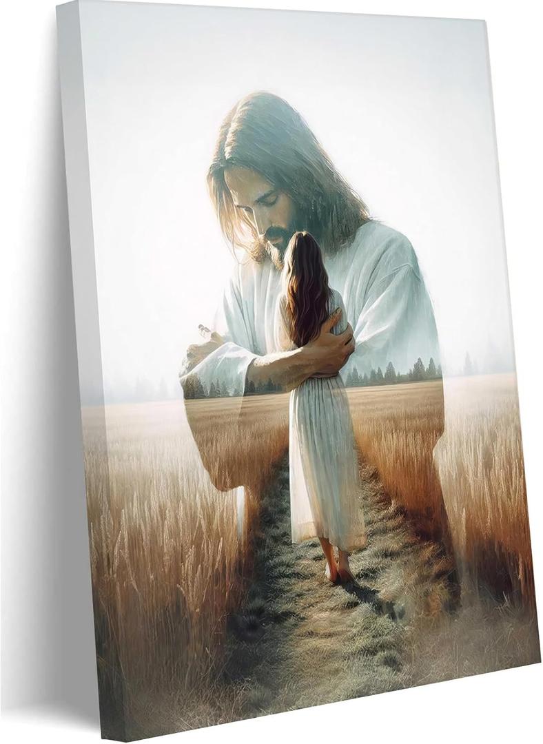 Jesus Hugging Woman Canvas Wall Art Jesus And Girl Paintings Pictures Wall Decor Christian Healing Embrace Bible Stories Poster Printing Artwork for Bedroom Living Room Church Dining Home Decoration, 16L"x24W"