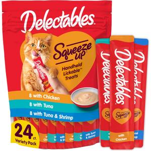 Delectables Squeeze Up Variety Pack, Creamy Squeezable Puree, Lickable Wet Cat Treats, Grain Free, No Added Fillers, No By-Products, No Added Preservatives, 0.5 Ounces Tube, 24 Tubes Total (EXP 12/24/27)