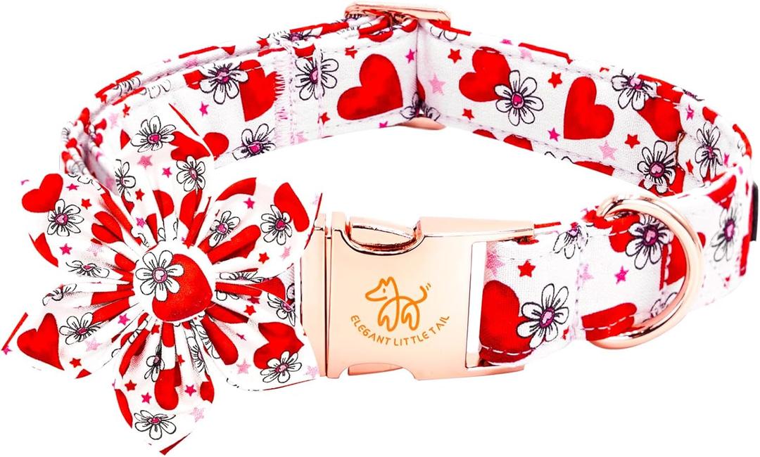 Elegant little tail Valentine's Dog Collar with Flower, Cute Flower with Heart Pet Collars Holiday Female Adjustable Cotton Pet Collar with Flowers for Small Medium Large Dogs (X-Small (Pack of 1))