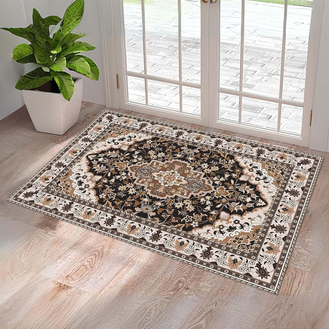 Washable Entryway Rug 3x5 | Non Slip Rug Runners for Hallways, Entryways, Kitchens, Bathrooms, Bedrooms | Ultra-Soft Flannel Carpet Kitchen Rug with Rubber Backing (Cream Black Brown, 3x5)