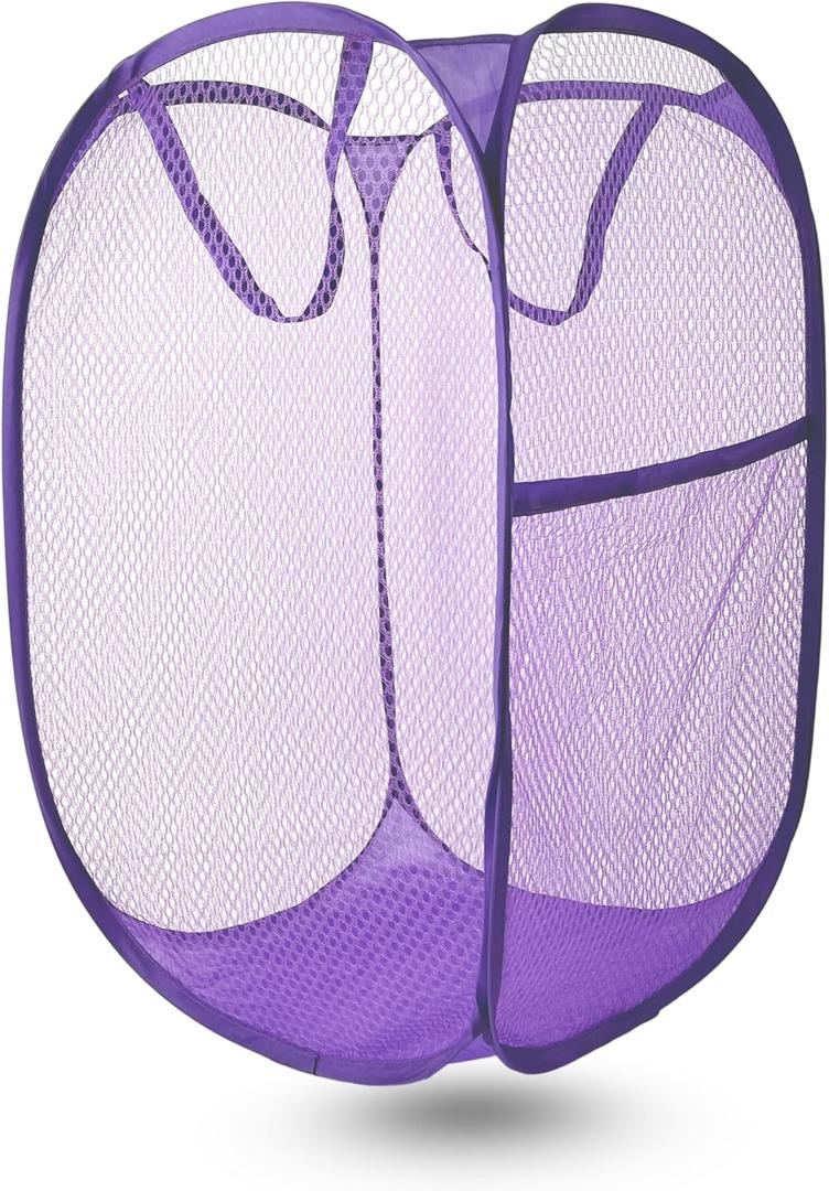 Pop Up Laundry Hamper, Mesh Laundry Basket Collapsible, Foldable Hamper for Travel and Storage (Purple)