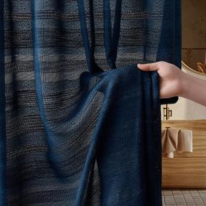 Siiluminisoy Linen Shower Curtain Boho Farmhouse Shower Curtain for Bathroom Rustic Striped French Country Shower Curtains Fabric, Navy Blue, 72"W X 78"L