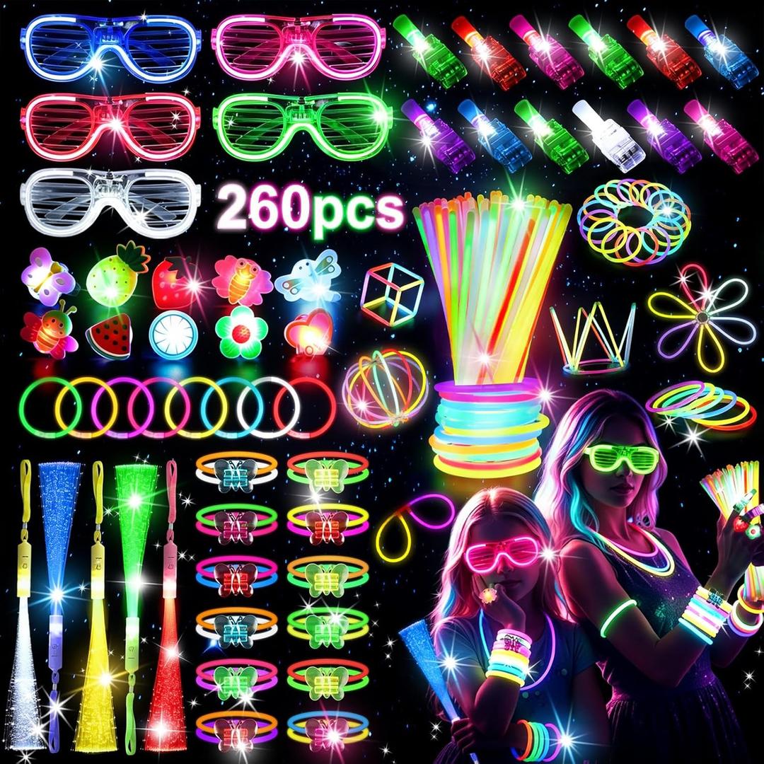 LovesTown 260PCS Glow in the Dark Party Supplies for Kids Adults, Light up Party Favors with LED Glasses Glow Sticks Bulk Finger Lights Light up Rings for Goodie Bags Fillers Raves Accessories