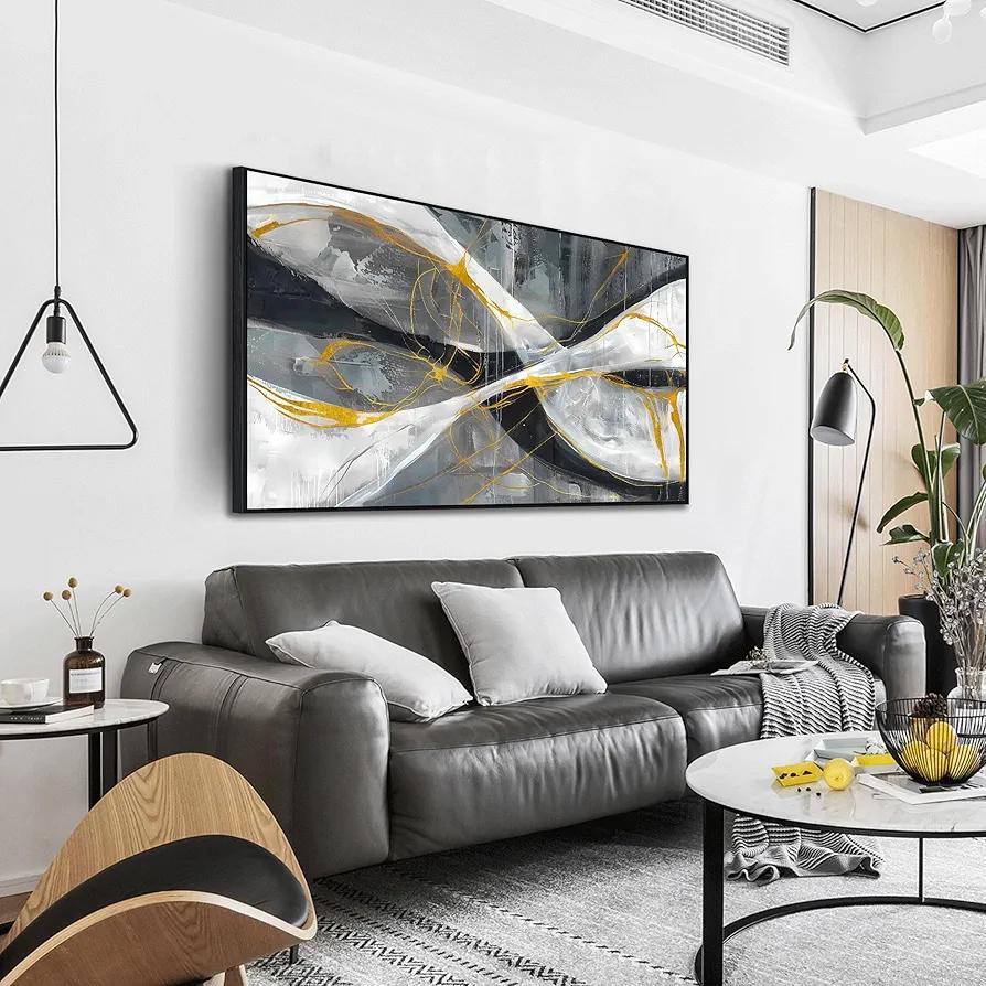 Ouzzlie Abstract Wall Decor Art Modern Canvas Picture Black White and Gold Wall Art for Bedroom Office Decoration 24" x 48