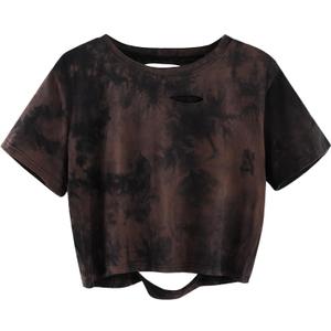 Avanova Tie Dye Shirt Women Ripped Short Sleeve Crop Tops Distressed Cropped T Shirts for Concert Halloween Goth Rock, XXXL