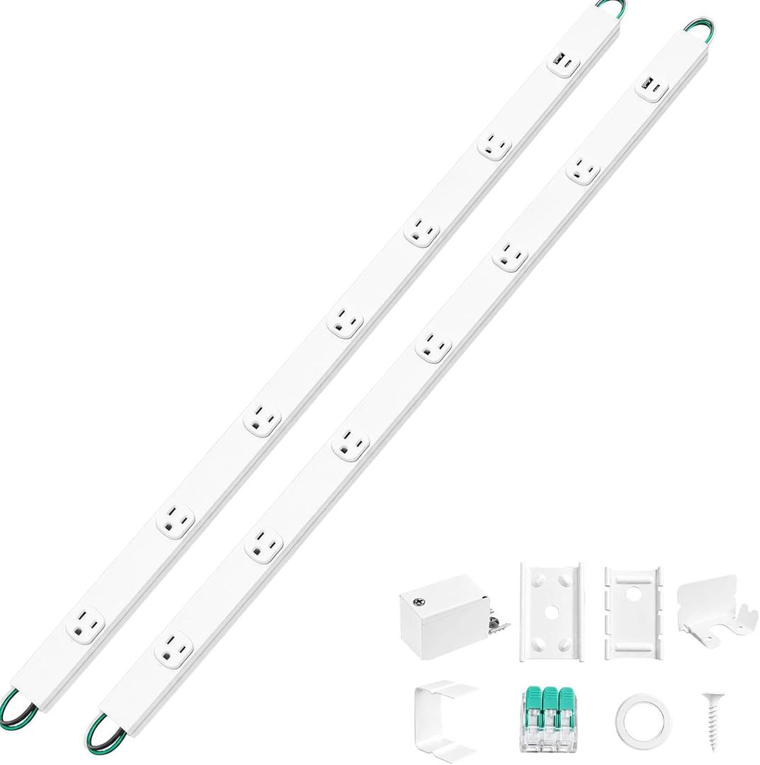 Oviitech 2 Pack Under Cabinet Power Strip Hardwire, 6 Tamper Resistant Outlets with 2 USB, Full-Metal Hardwired, Linkable, Power Strip for Conference Tables workbenches, ETL Listed, 15A, White