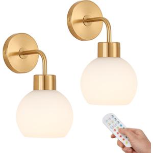 Battery Operated Wall Sconce Set of 2, Gold Wireless Wall Light with Milk White Glass Shade, 3CCT & RGB Rechargeable Magnetic LED Bulb with Remote Control for Bedroom Living Room Hallway Stairway