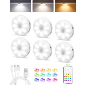 EZVALO 6-Pack Under Cabinet Lighting, Rechargeable Motion Sensor Puck Lights with Remote, 3 Color Temps &12 RGB Colors, Magnetic Stick on Light, Dimmable Under Counter Lights for Kitchen, Shelf, Stair