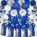 Navy Blue White Silver Party Decorations,46pcs Kit Balloon Paper Pompom Tassel Garland Men Blue and Silver Graduation Decorations Wedding Baby Bridal Shower Birthday Decor