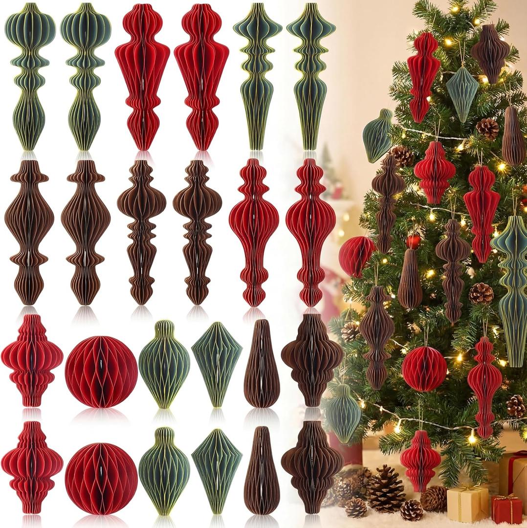 24 Pcs Christmas Large Hanging Honeycomb Balls Jumbo 3D Paper Christmas Tree Ornaments Neutral Paper Lantern Ornament Vintage 3D Hanging Honeycomb Balls for Xmas Tree New Years Holiday Home Decor