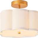 Bargeni Semi Flush Mount Ceiling Light,13 inch Modern Ceiling Light Fixture with Flower-Shaped White Fabric Shade,Gold Light Fixtures Ceiling Mount for Bedroom,Kitchen,Living Room,Hallway,and Entryway