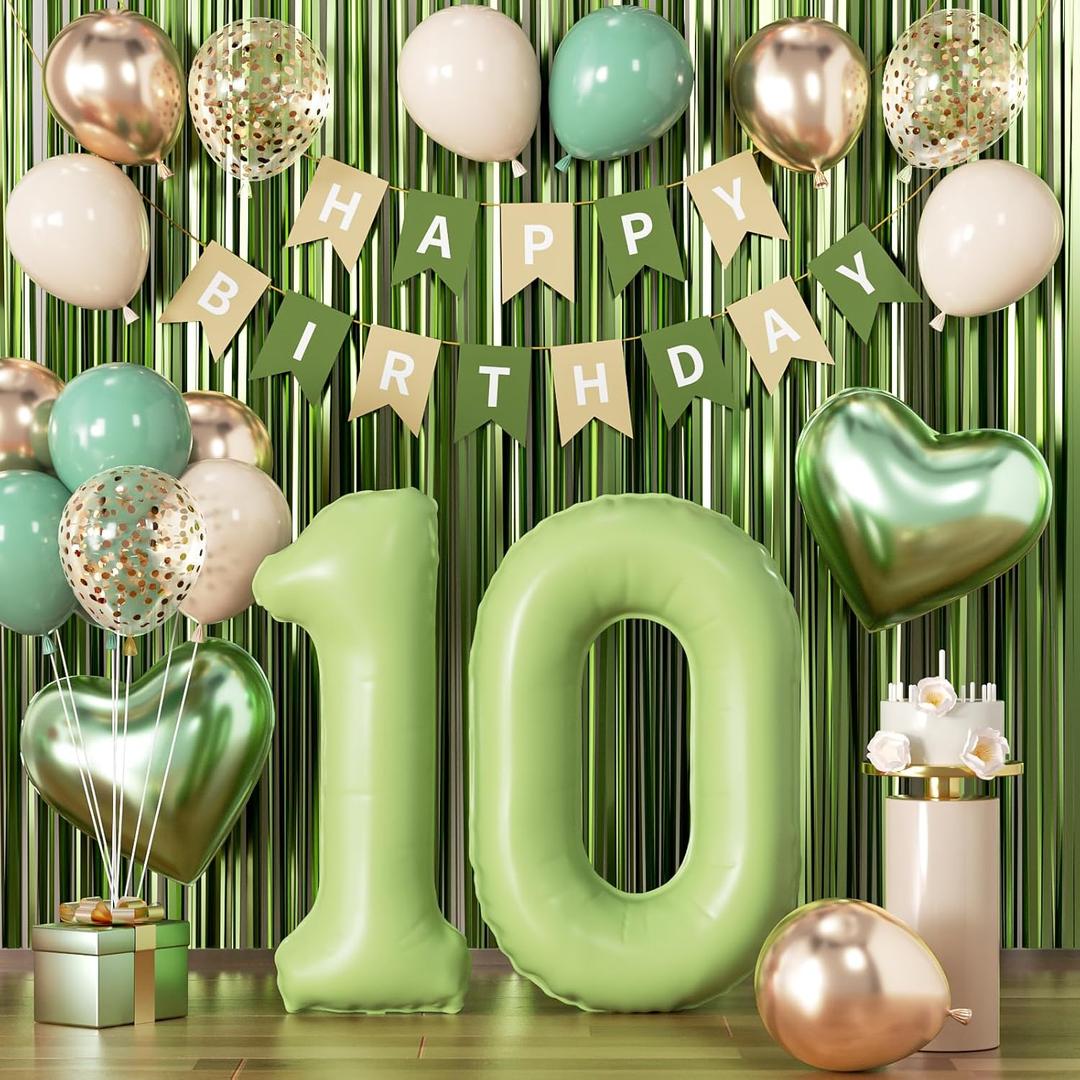 Sage Green 10th Birthday Decorations for Girls Boys, Double Digits Party Supplies with Green Number 10 Balloon, Sand White & Cream Balloon Kit and Fringe Curtains