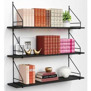 Black Floating Shelves 36 Inch Long, 8 In Deep Wall Bookshelf for Bedroom, 36" x 8" x 12.2" Tall Bookends