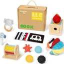 OOOK Montessori Toys 0-6 Months, Montessori Toy Set, 7 in 1 Newborn Baby Toys with Spinning Drum, Tissue Box Toy, Sensory Balls, Contrast Cards and More, Medium