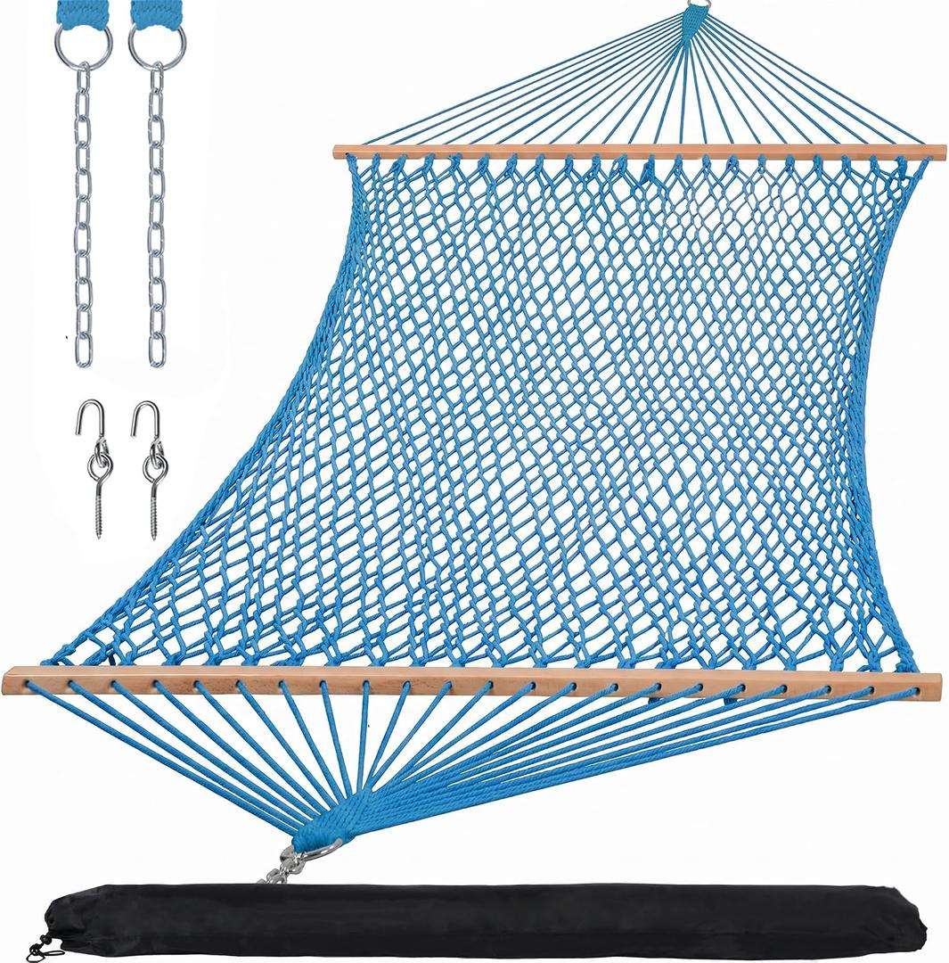 SUNCREAT Rope Hammock with Spreader Bar, Carrying Bag, 450 lbs Capacity, Two Person Hammock with Tree Hooks, Blue