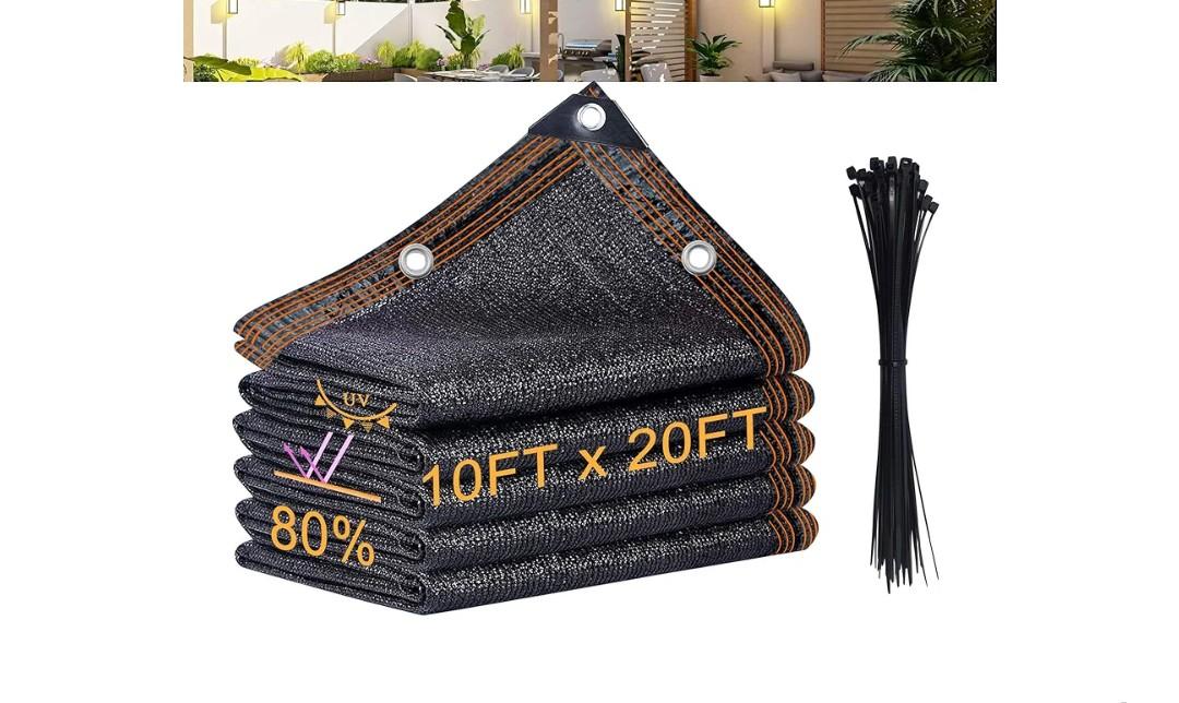 10x 20ft Garden Shade Cloth, 80% Black Mesh Tarp with Reinforced Grommets, HDPE Material Sun Shade Netting for Greenhouse, Garden, Yard Plant, Chicken Coop, Patio, Pergola