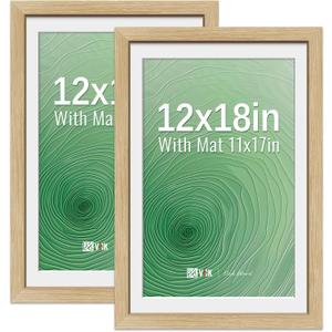 VCK 12x18 Picture Frame 2 Pack - Natural Oak, High-End Wood Poster Frames with Tempered Glass, Display 11x17 Photo with Mat or 12x18 without Mat, Art Gallery-Quality, Wall Hanging, Natural Oak