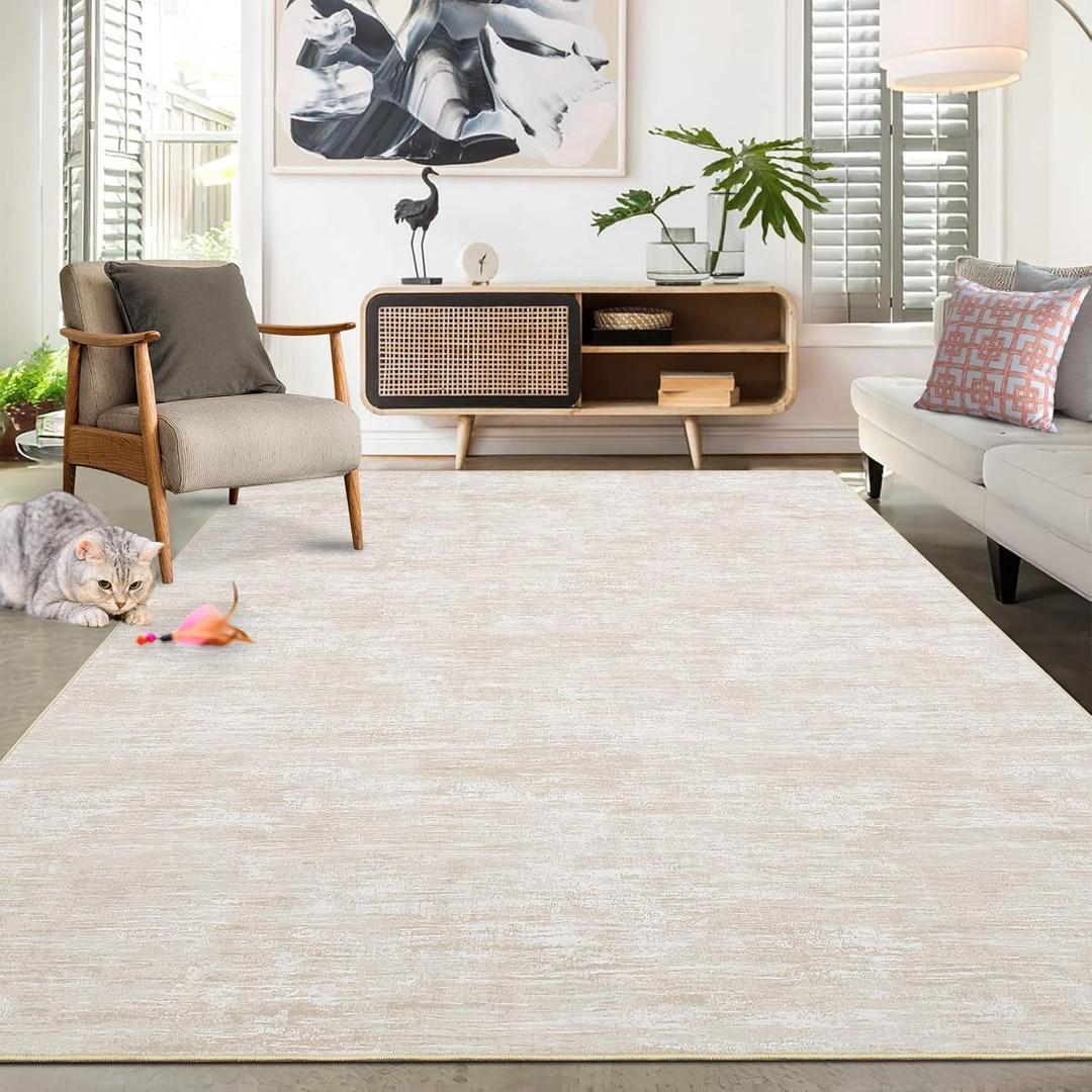 RUGSREAL Washable Rug 10x13 for Living Room Modern Abstract Area Rug Non-Slip Large Contemporary Bedroom Rug Stain Resistant Aesthetic Accent Floor Carpet Foldable Solid Rug for Home Office, Beige