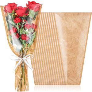 Gilprop 30 Packs Flower Wrapping Bags Kraft Paper Floral Packing Sleeves Bouquet Clear Flower Wrapping Sleeves for Wedding, Birthday Gift,16.5 x 9.5 x3.5 inch