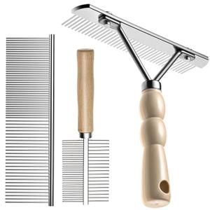 Undercoat Rake for Dogs, 3 Pack Pet Grooming Brush Set Long Tooth Rake Brush & Double-Sided Teech Comb & Stainless Steel Shedding Comb, Long Haired Pet Grooming Tool Set for Horse Large Dog Cat