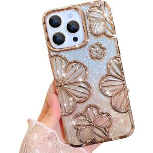 KANGHAR Compatible with iPhone 15 Pro Max Case Glitter Bling Luxury Plating Gradient Flowers Designed for Women Girls, Slim Fit Soft TPU Shockproof Protective Cover - Gold Floral