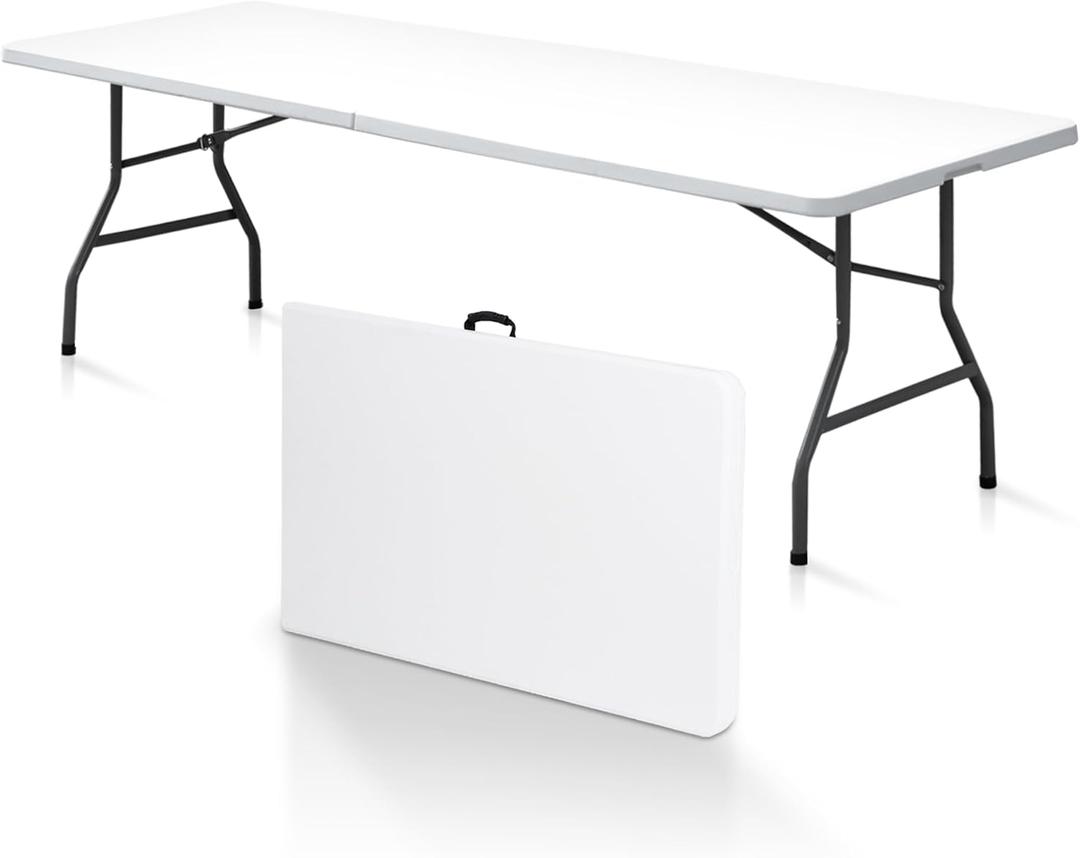 SUPER DEAL 8FT Folding Picnic Table for Indoor Outdoor, Portable Fold-in-Half Plastic Dining Camping Party Table with Carrying Handle (95"x30", White)
