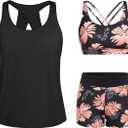 Tempt Me 3 Piece Tankini Swimsuits for Women Athletic Bathing Suits Swim Tank Top with Boy Shorts and Bra Modest Swimwear (X-Small, Black Floral)