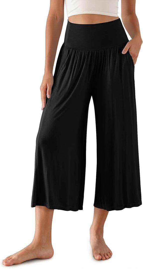 ODODOS Women's Wide Leg Palazzo Lounge Cropped Pants with Pockets Light Weight Comfy Pajama Capri Pants-20/22"/ 24" Inseam (X-Large, Black)