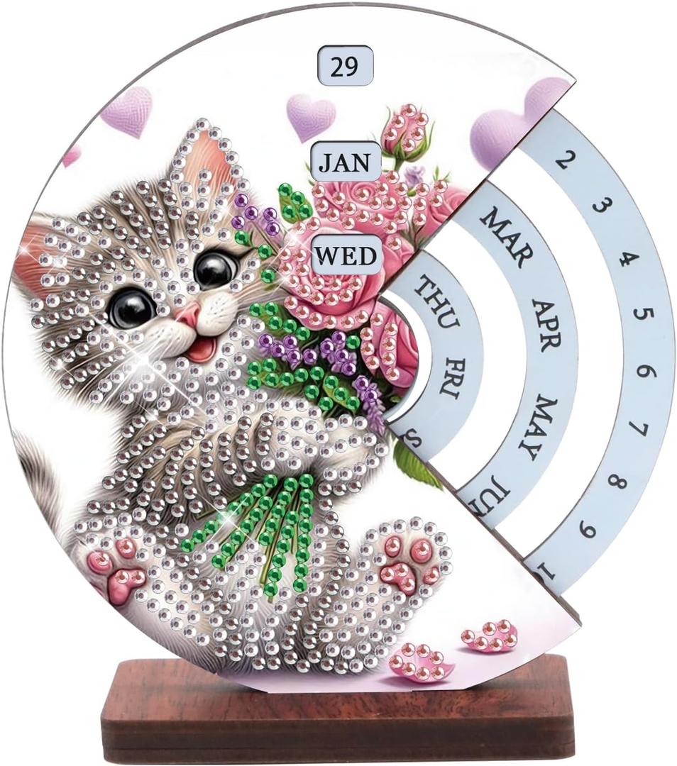 AiYuanzsh 3D Diamond Art Tabletop Perpetual Calendar Kit, DIY Wooden Desktop Ornament with Cute Cat Design, Sparkling Diamond Painting Desk Decoration Gift for Home & Office