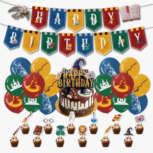 Magical Wizard Birthday Party Decorations Supplies Includes Happy Birthday Banner Balloons Cake Toppers Cupcake Toppers for Boys and Girls Halloween Party