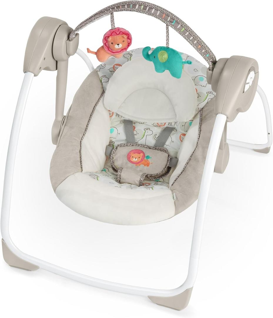 Ingenuity Soothe 'n Delight Compact Portable 6-Speed Plush Baby Swing with Music, Folds Easy, 0-9 Months 6-20 lbs (Cozy Kingdom)