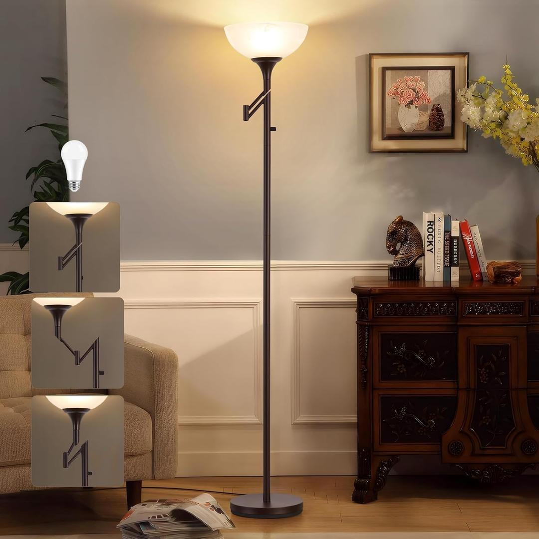 EJIAXIN Floor Lamps for Living Room Bronze, 71" Tall Standing Lamp with Glass Shade, Vintage Floor Lamp with 350Adjustable Swing Arm Lamp, Pole lamp for Bedroom, Living Room, Office, Bulbs Included