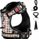 FURRYFECTION Plaid Dog Harness for Small Dogs | No Pull Reflective Pet Harness | No Choke Adjustable Dog Vest Harnesses | with Leash | Easy Control Handle | Front Lead | Seat Belt | Beige&White | S