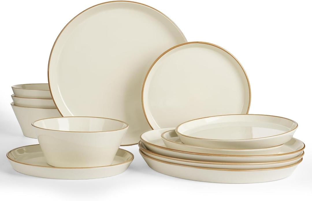 Famiware Saturn Dinnerware Sets, Plates and Bowls Sets for 4, 12 Pieces Stoneware Dish Set - Chip and Scratch Resistant, Microwave and Dishwasher Safe Tableware Set, Vanilla White with Rim