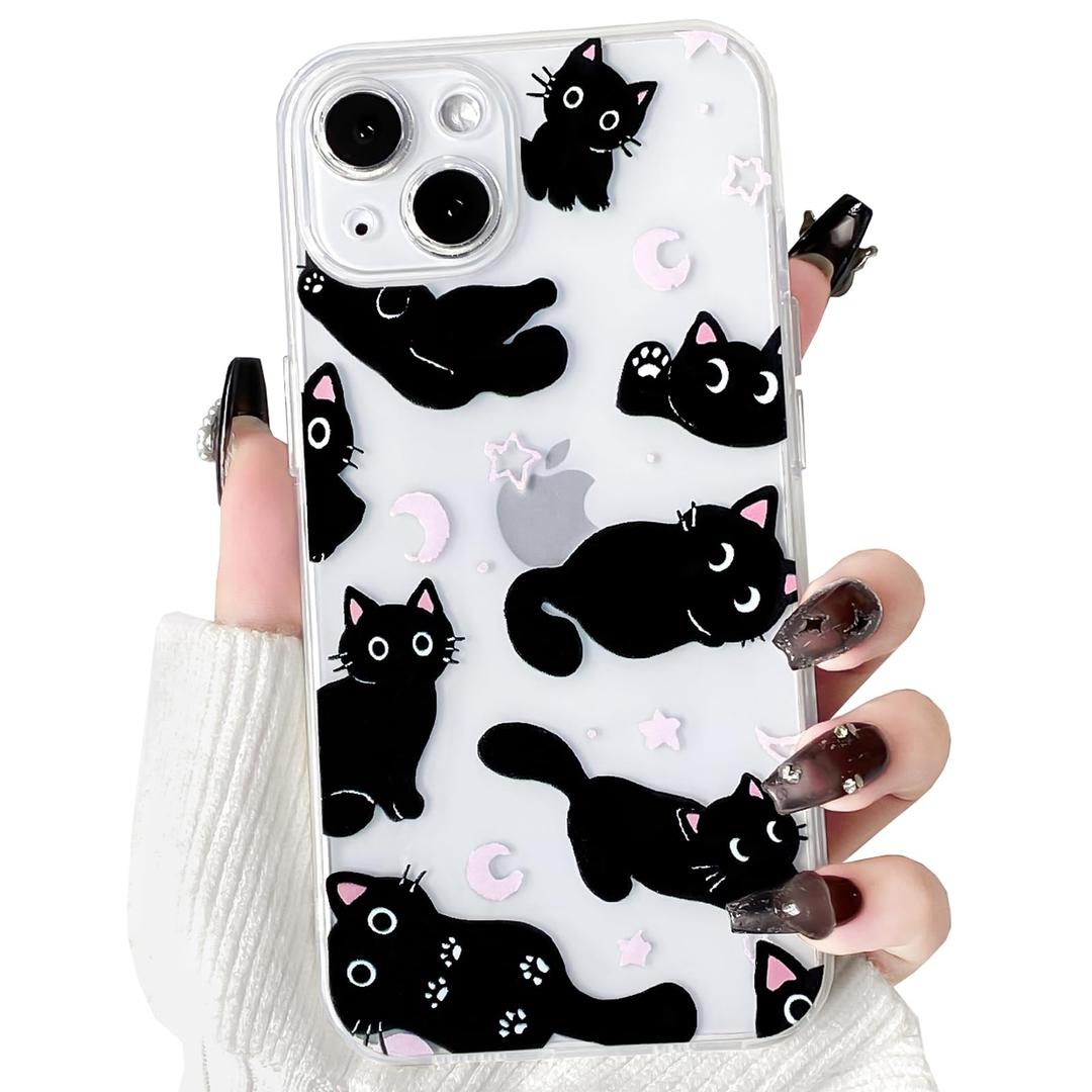 NITITOP Compatible with iPhone 14 Case Clear Cute Stylish Cats Moon Star Pattern for Girls Women Soft TPU Transparent Shockproof Protective Phone Cover - Pink