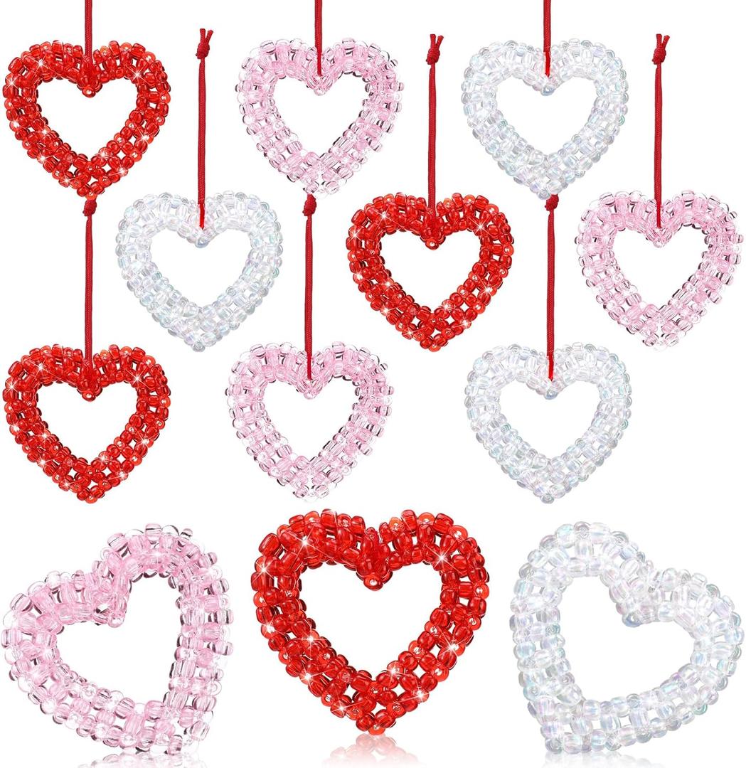 Sotiff 10 Pcs Valentines Heart Ornaments 3D Beaded Crystal Heart Hanging Valentine's Day Decorations for Anniversary Wedding Bridal Shower Party Decorations Gifts