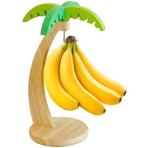 Wooden Banana Holder Stand with Stainless Steel Hooks - Decorative Banana Tree Storage Rack for Kitchen Countertop, Under Cabinet, or Pantry, Fruit Hammock Keeper & Organizer