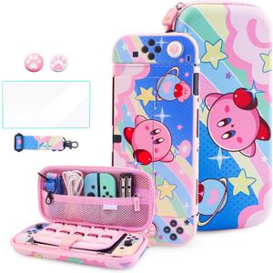 HYPERCASE Cute Anime Switch OLED Carrying Case Set, with Portable Travel Storage Bag of Pink Lining, Hardshell Protective Cover Skin, HD Screen Protector, Shoulder Strap & 2 Kawaii Thumb Caps