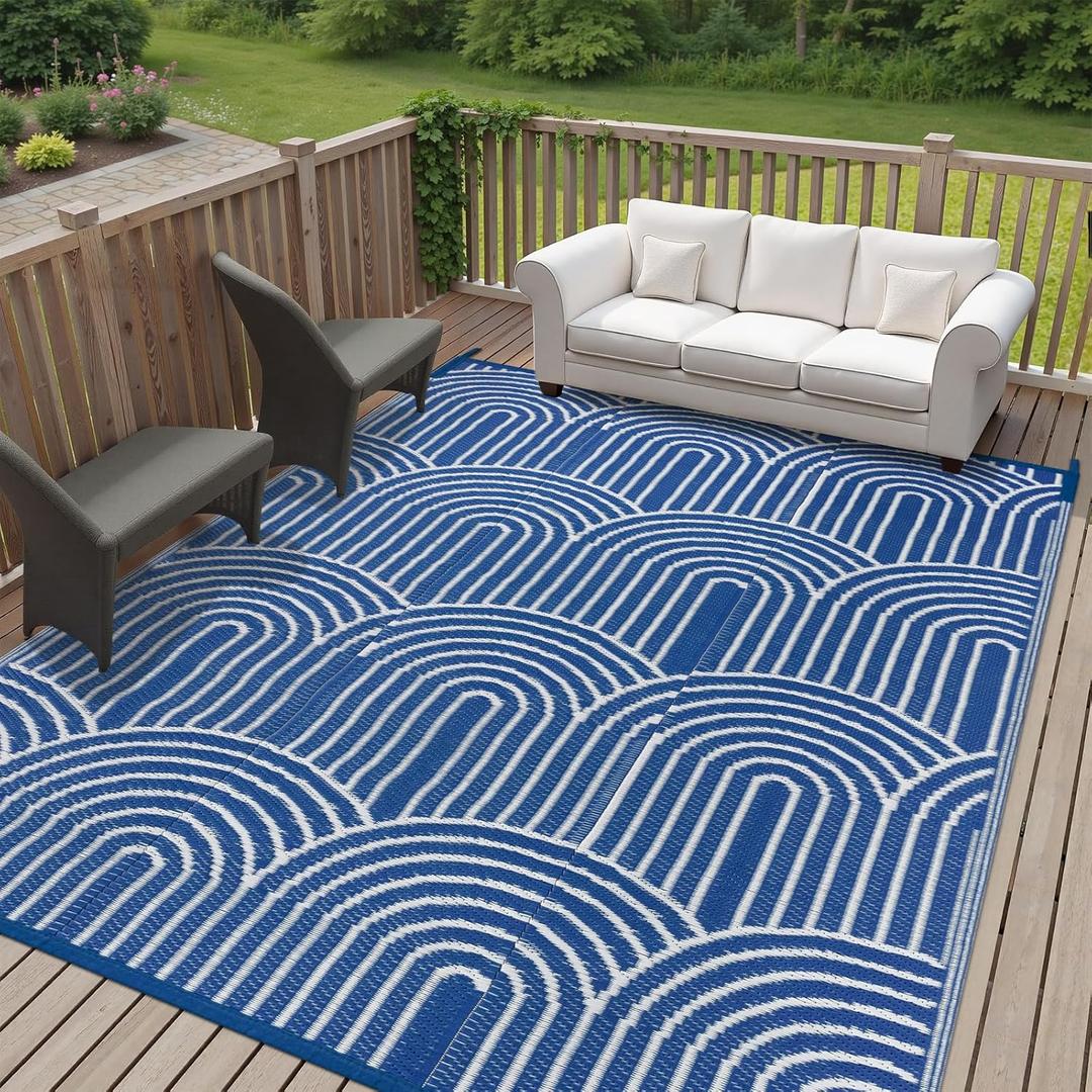 Anidaroel Rainbow Patio Rugs Outdoor 8X10 Waterproof, Reversible Camping Rug for Outside RV, Portable Plastic Straw Outdoor Area Rug for Backyard, Garden, Pool Deck (Navy Blue,8X10')