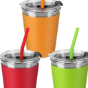 ShineMe 3 Pack Kids Cups with Straws and Lids Spill Proof, 12oz Toddler Straw Cups with Colorful Silicone Sleeves, Unbreakable Stainless Steel Water Tumblers for Cold & Hot Drinks