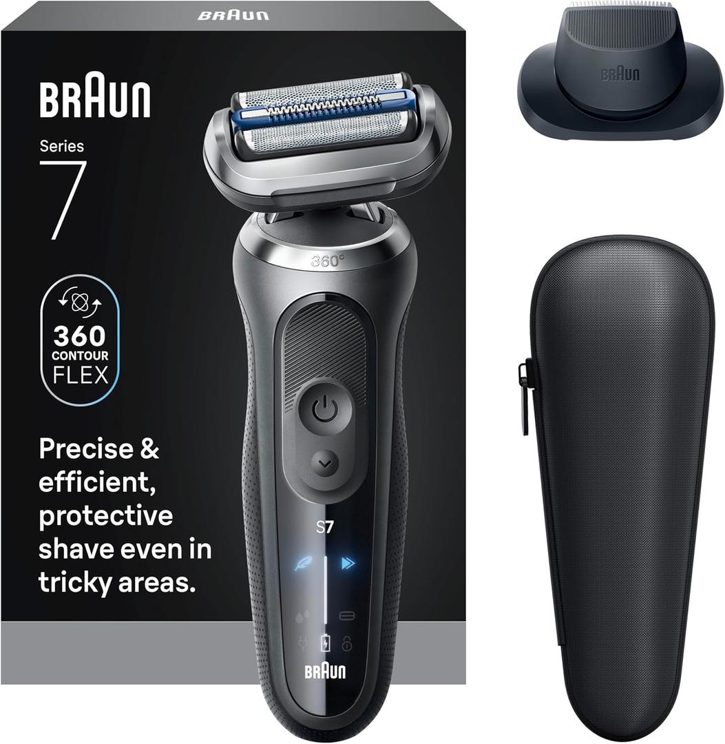 Braun Electric Shaver for Men, Series 7 7120s, Wet & Dry Shave, Turbo & Gentle Shaving Modes, Waterproof Foil Shaver, with Precision Trimmer, Space Grey (3 Piece Set)