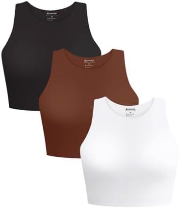 Cyanstyle Women's 3 Piece Tank Tops Sleeveless Halter Neck Raceback Double Lined Basic Tank Crop Tops, Size M