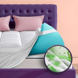 Dual Layer 4 Inch Memory Foam Mattress Topper for Pressure Relief with 4X Support, 2" Pillow Top Queen Mattress Topper 50% Viscose Made from Bamboo Plus 2" Cooling Gel Memory Foam Comfort Mattress Pad