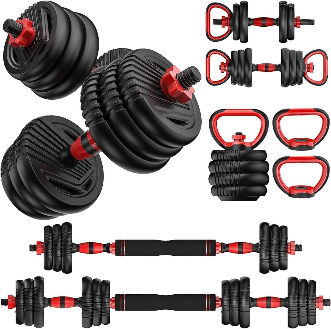 Adjustable Dumbbells, 10/20/30/45/70/90lbs Free Weight Set with Connector, 4 in1 Dumbbells Set Used as Barbell, Kettlebells, Push up Stand, Fitness Exercises for Home Gym Suitable Men/Women, Red Adjustable Dumbbells, 10/20/30/45/70/90lbs Free Weight Set with Connector, 4 in1 Dumbbells Set Used as Barbell, Kettlebells, Push up Stand, Fitness Exercises for Home Gym Suitable Men/Women, Red