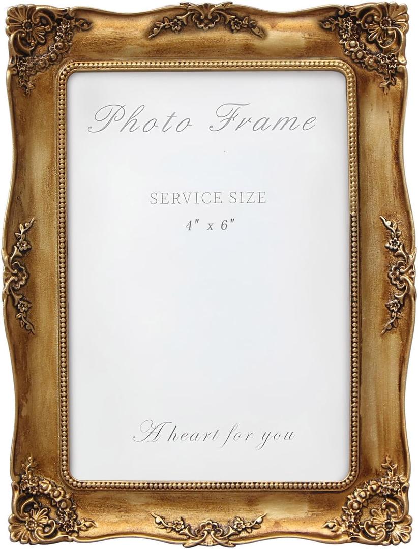 4x6 Inch Gold Vintage Picture Frame, Elegant Antique Photo Frames with Glass&Hook, Vine Pattern, Tabletop Wall Hanging, Gift ldeas for Home Decor (Gold)