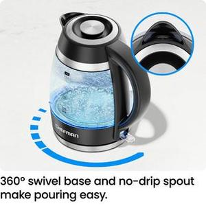 Chefman Electric Kettle, 1.8L 1500W, Hot Water Boiler, Removable Lid for Easy Cleaning, Auto Shut Off, BoilDry Protection, Stainless Steel Filter, BPA Free, Borosilicate Glass Electric Tea Kettle