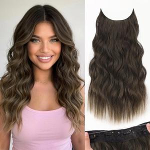 KooKaStyle Invisible Wire Hair Extensions with Transparent Headband Adjustable Size 4 Secure Clips Long Wavy Secret Wire Hairpiece 16 Inch Dark Walnut Brown for Women